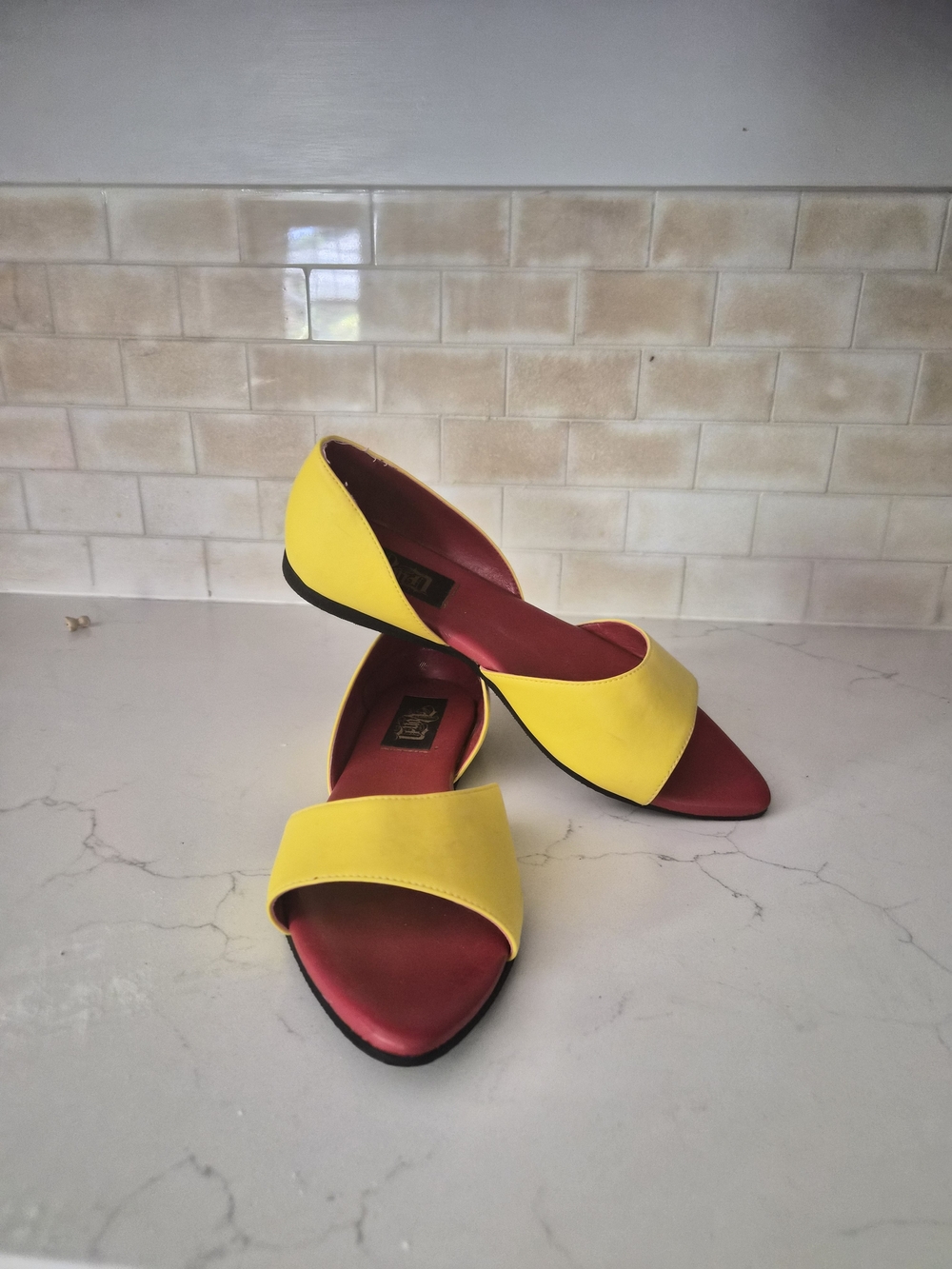 Yellow and Red Women's Open-Toe Flats